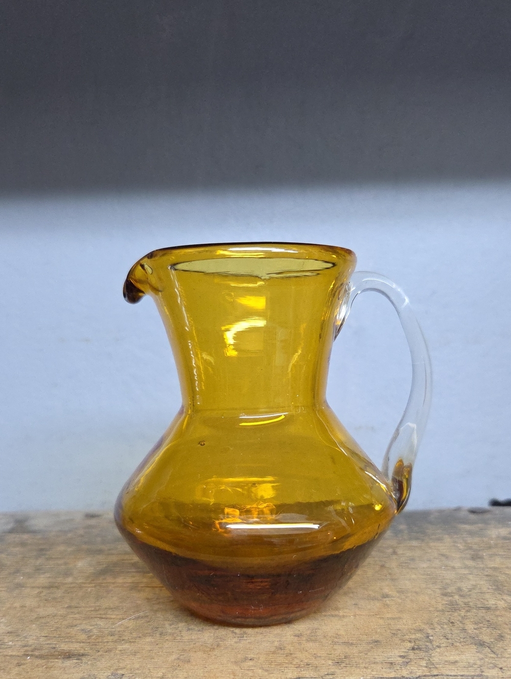 Vintage Hand Blown Amber Art Glass Pitcher Creamer | Clear Applied Handle MCM